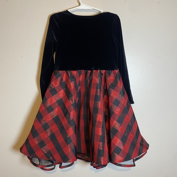 Girl's Bonnie Jean Black Velvet Bodice Buffalo Plaid Taffeta Holiday Dress Sz 5 - Picture 2 of 4